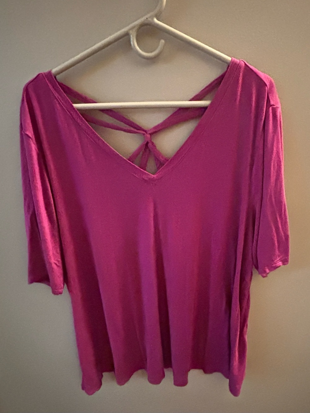 Lane Bryant Magenta V-Neck Short Sleeve Top with Crisscross Back